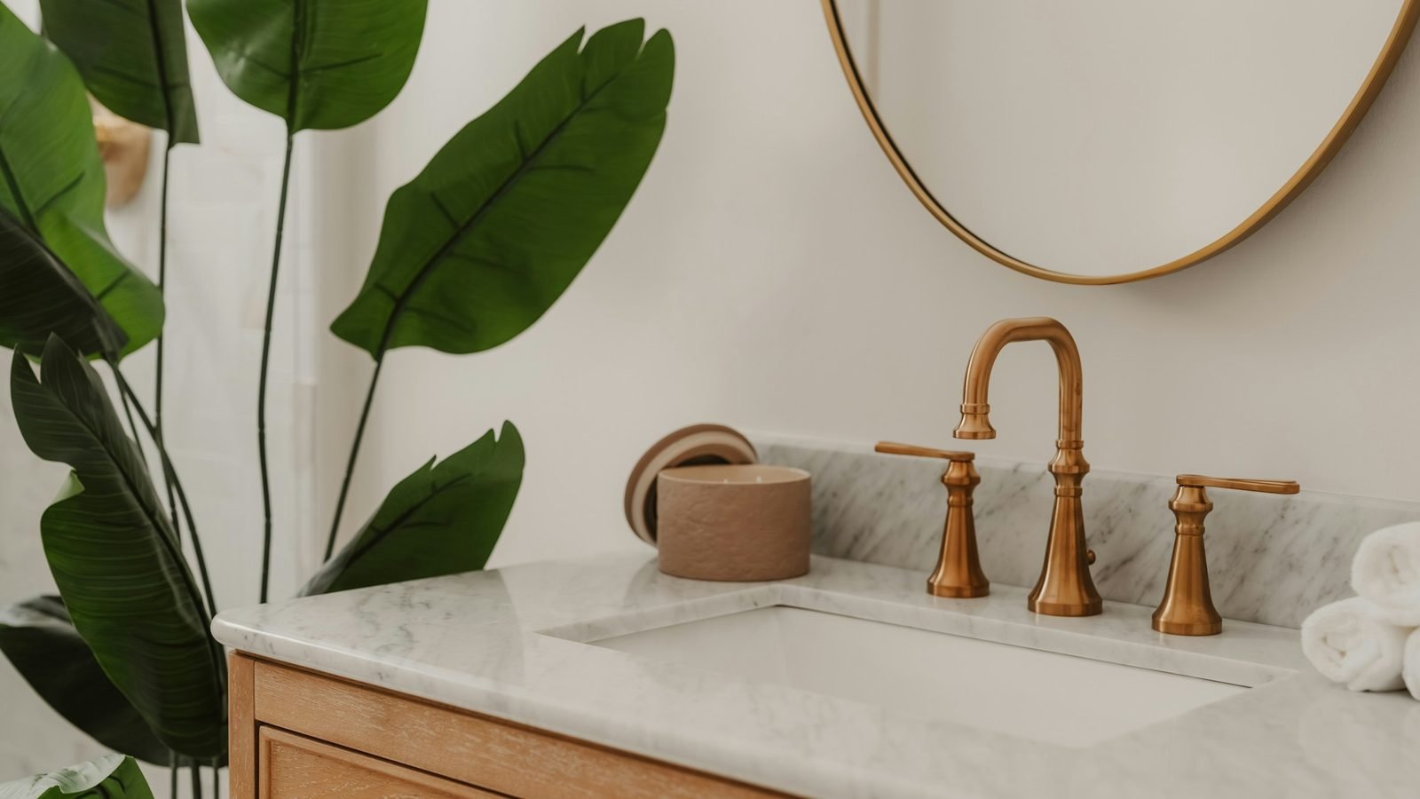 Meuble-vasque en bois clair, plan en marbre et robinetterie laiton sous un miroir rond