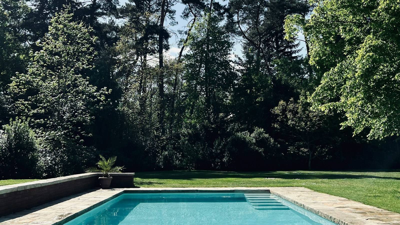 Bassin rectangulaire à fleur de pelouse sous de grands arbres, un jardin de villa